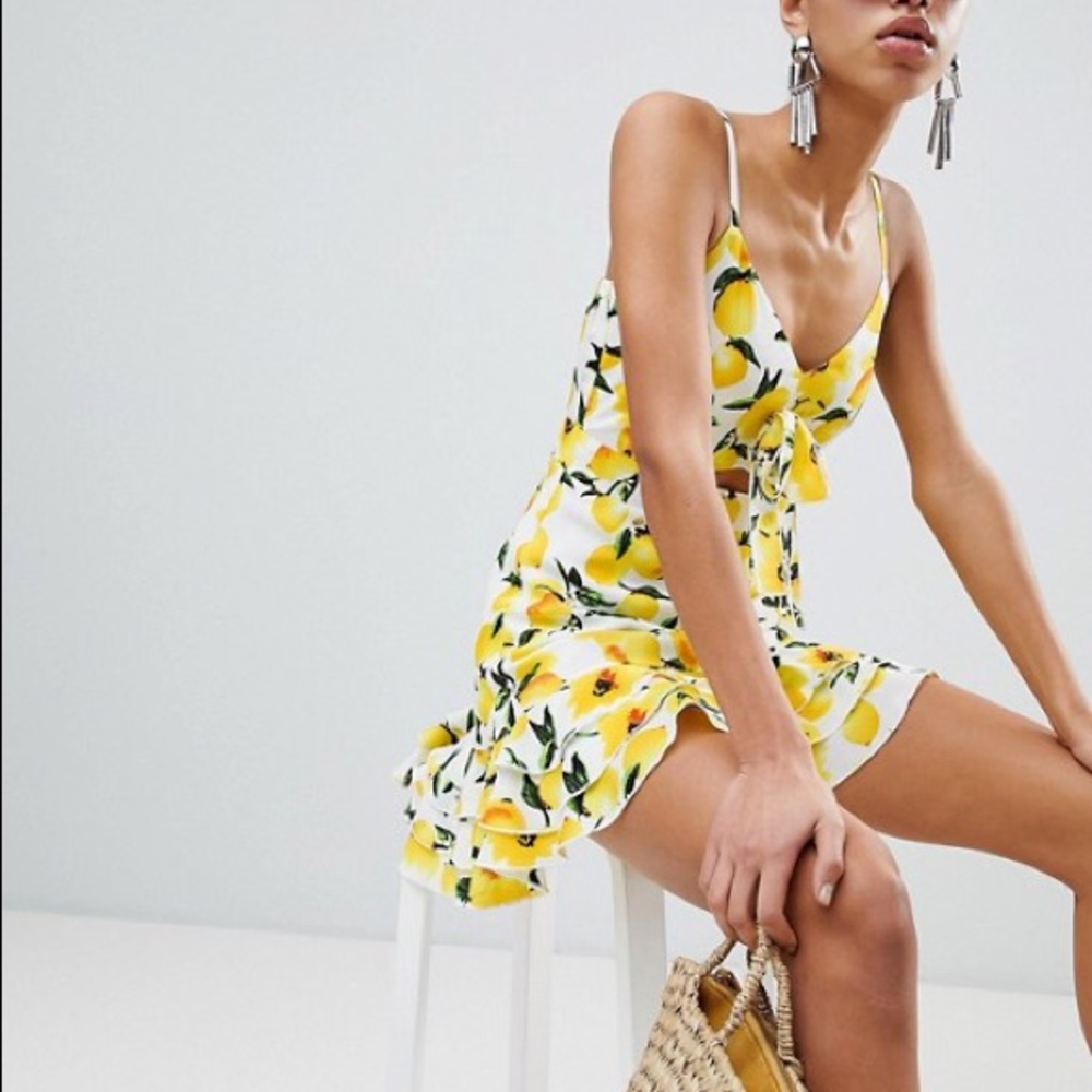 Boohoo Lemon Print Cut Out Dress
